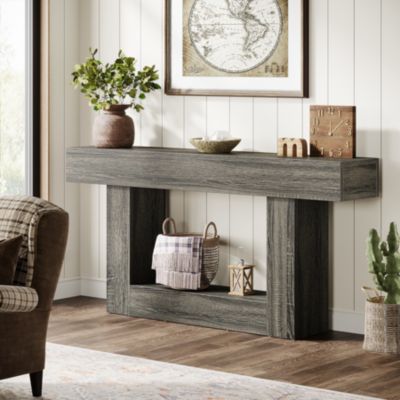 63" Console Table, Farmhouse 2-Tier Entryway Table with U-Shaped Base, Narrow Long Wood Sofa Table Behind Couch Table