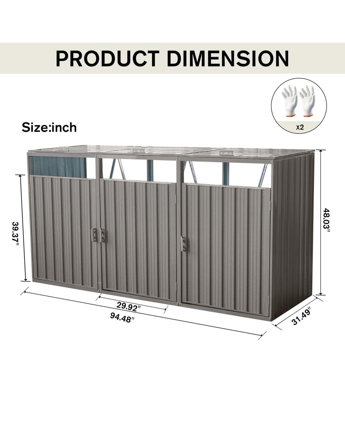MondaweGarbage Bin Shed Stores 3 Trash Cans Metal Outdoor Bin Shed for Garbage Storage - Grey