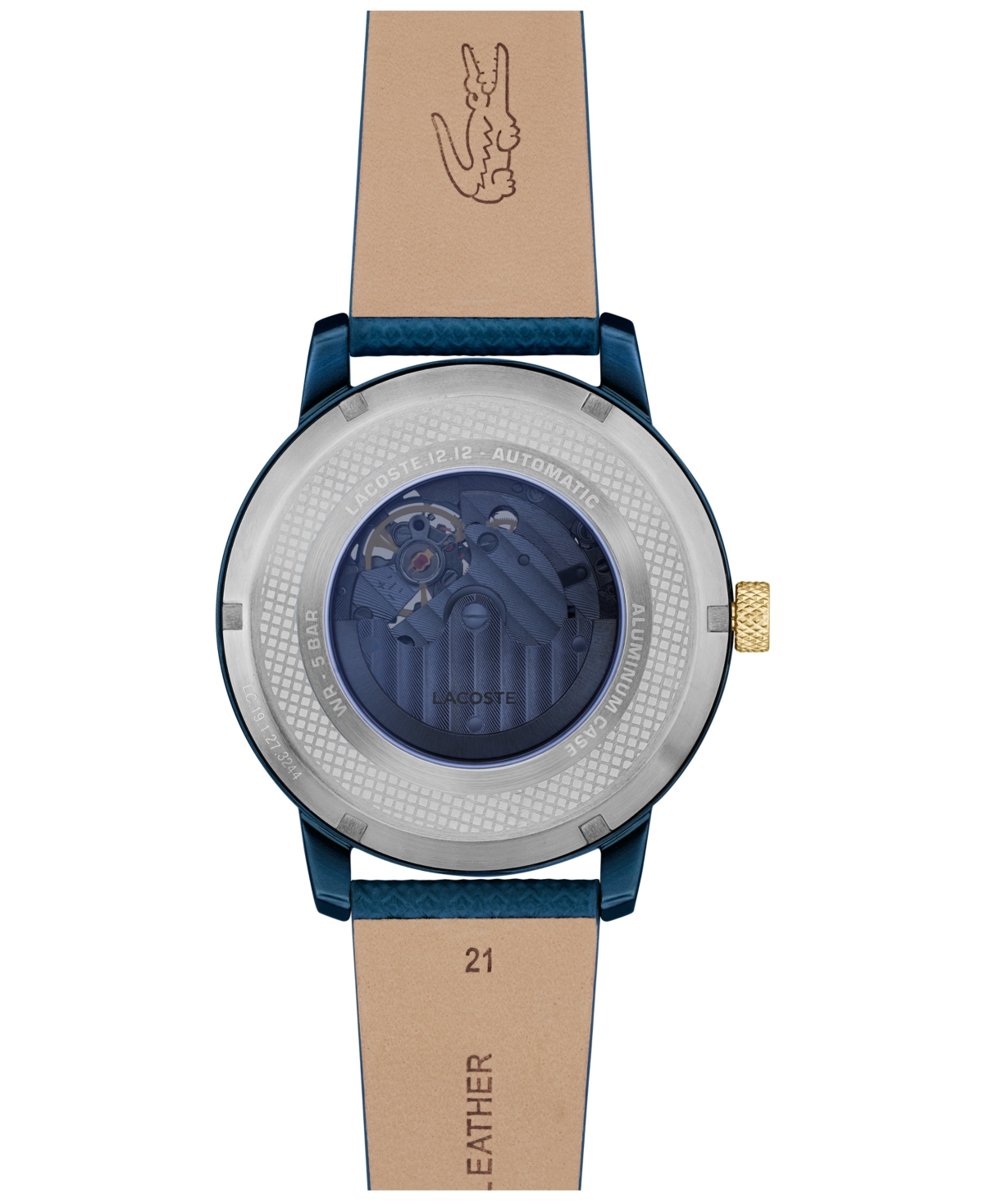 LACOSTE MEN'S L.12.12 AUTOMATIQUE BLUE LEATHER STRAP WATCH 44MM 
