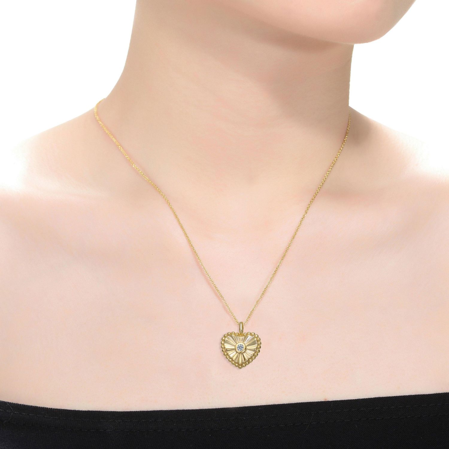 Sterling Silver 14k Gold Plated Cubic Zirconia Textured Heart Pendant Necklace