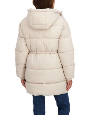 Women's 3/4 Cozy Lined Hooded Puffer Coat With Drawstring Waist