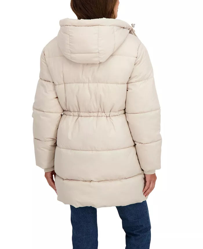 Women's 3/4 Cozy Lined Hooded Puffer Coat With Drawstring Waist - thumbnail 2