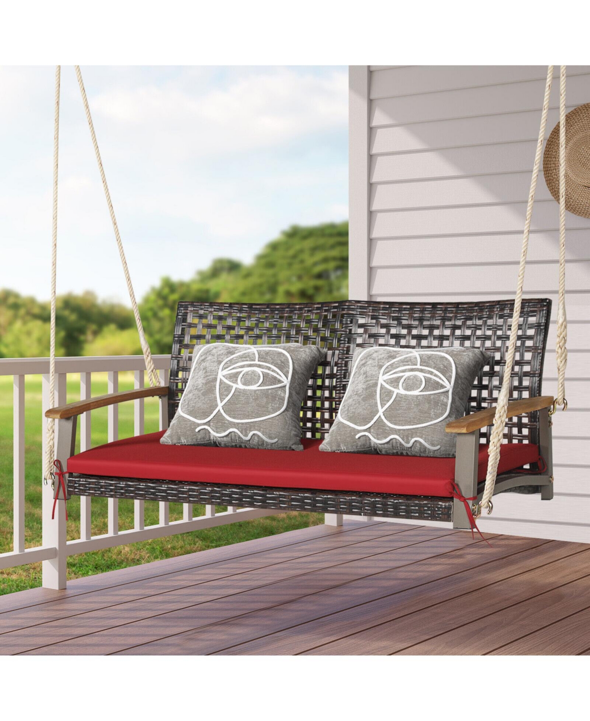 Sugift 2-Person Rattan Hanging Porch Swing Chair