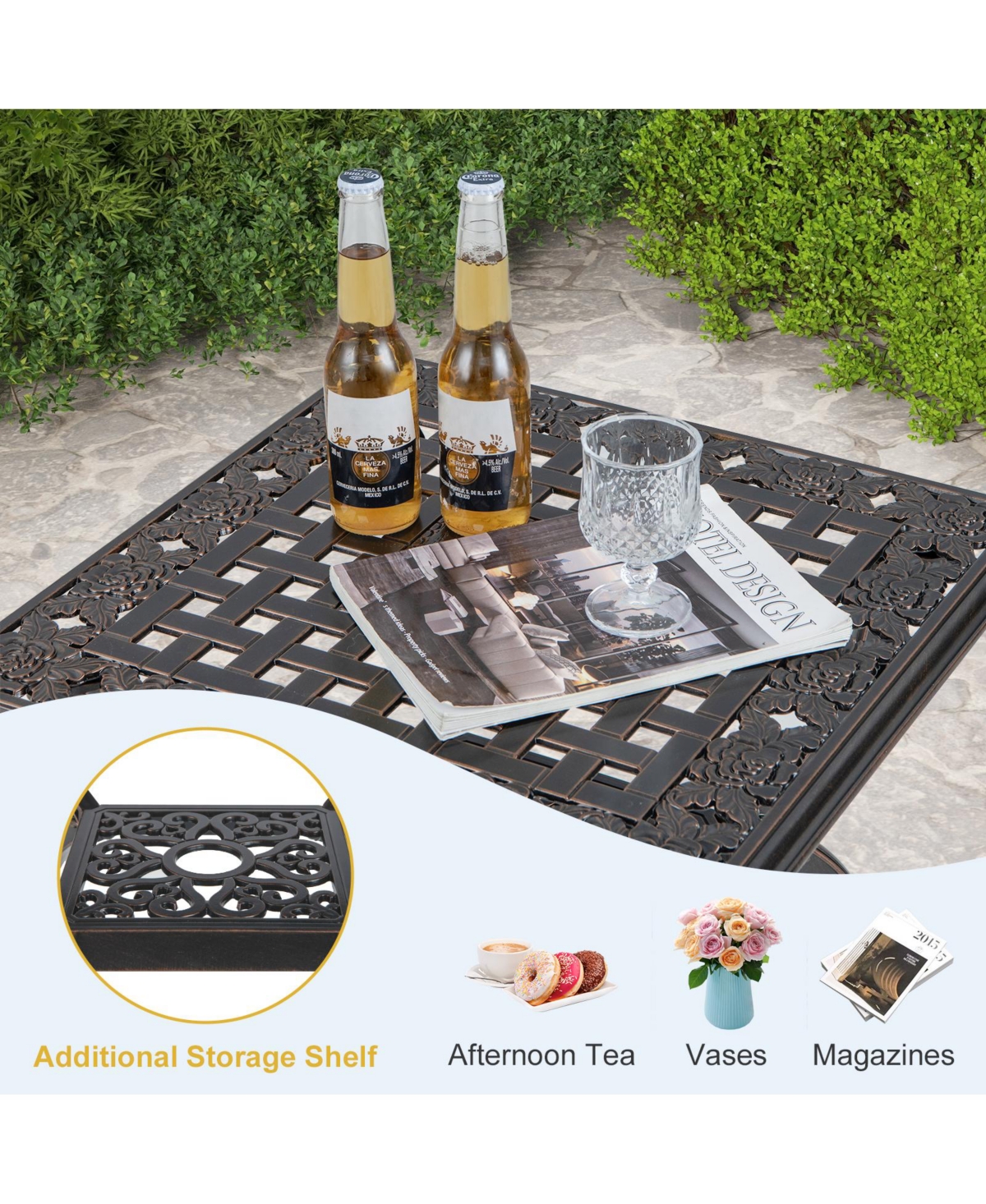 Givimo Cast Aluminum Outdoor Side Table with Storage Shelf for Garden Porch Balcony