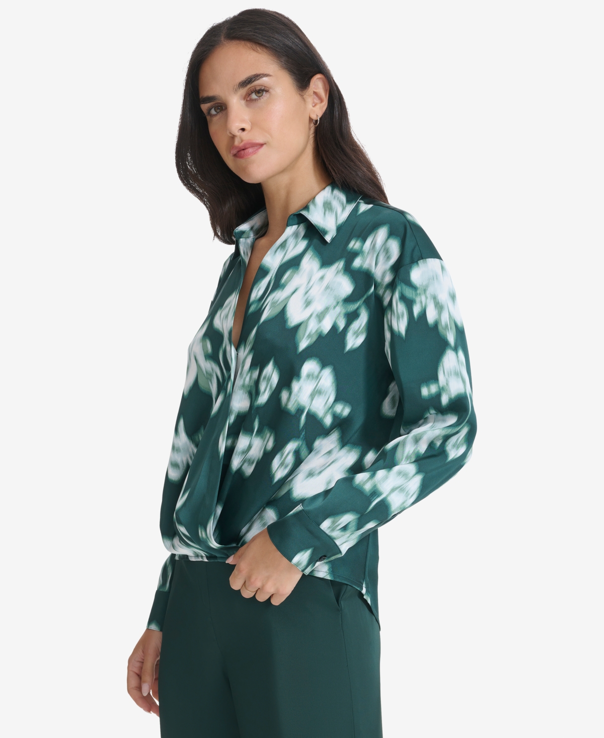 Calvin Klein Women's Printed Faux-Wrap Collared Top