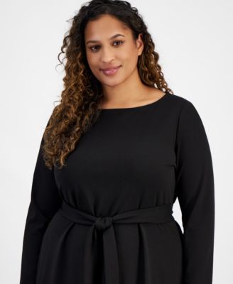 long sleeve queen anne neckline fit and flare dress black Faux Wrap Dress in Black main image 0