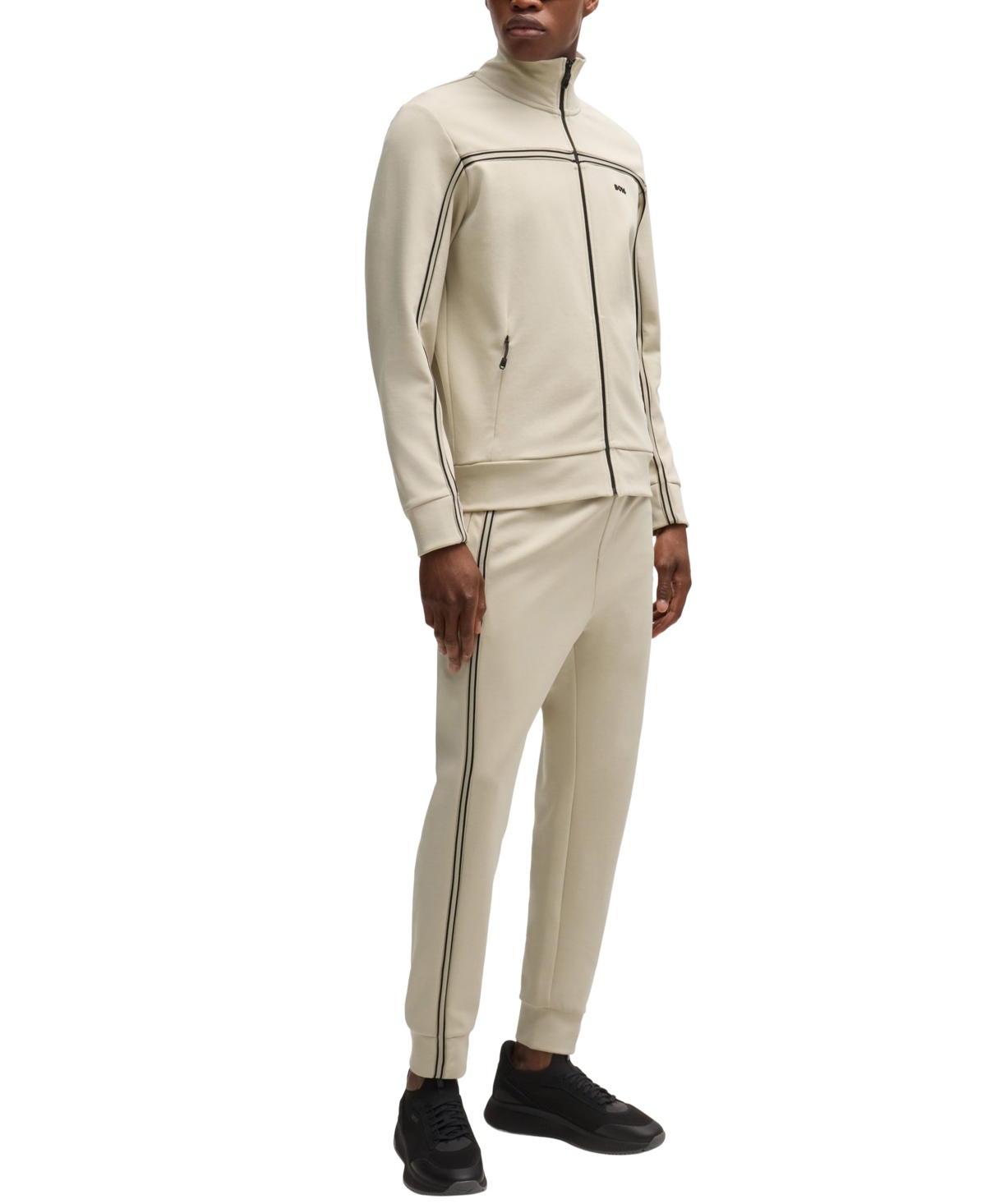 Hugo Boss Zip-up Sweatshirt With Tape Inserts In Open Beige