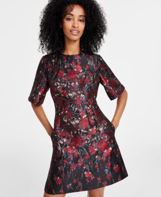 Vince Camuto Women's Floral Jacquard Short-Sleeve Dress - Macy's