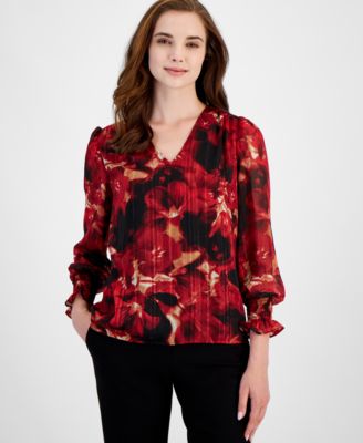 Anne Klein - Women's Printed V-Neck Long-Sleeve Smocked-Cuff Top