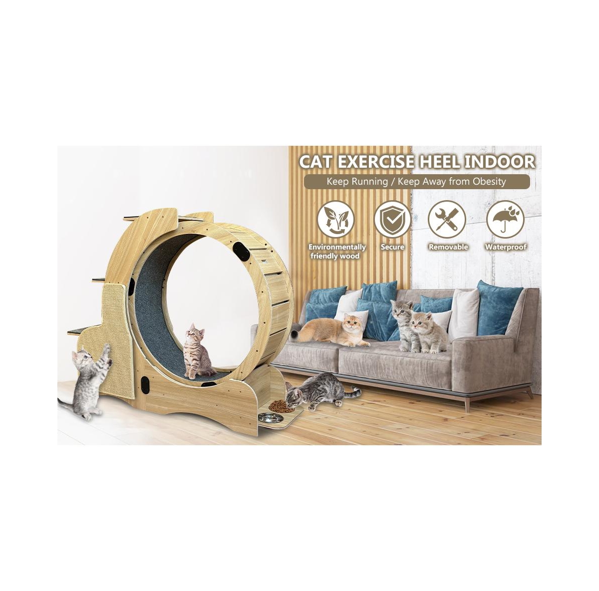 Streamdale Furniture 5-in-1 Cat Activity Center: Running Wheel, Scratching, Climbing, Litter, Food