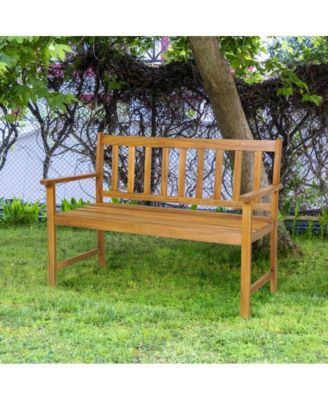 2-Person Patio Acacia Wood Bench with Backrest and Armrests