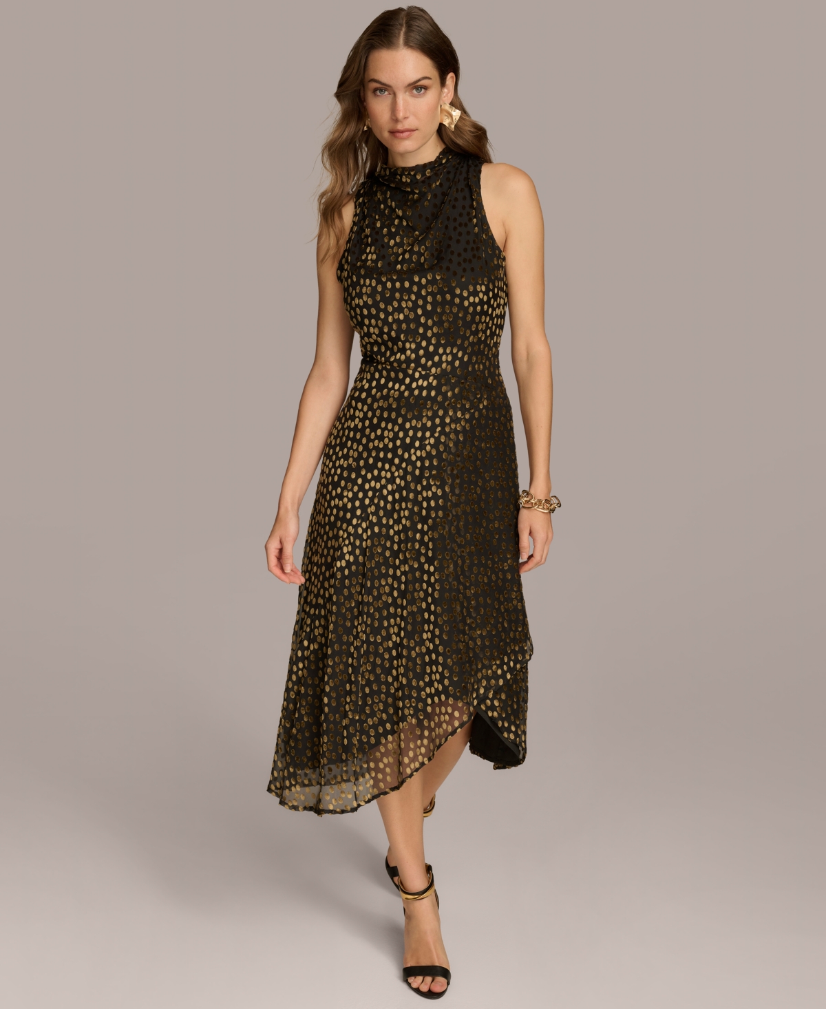 Donna Karan New York Women's Burnout Velvet Sleeveless Midi Dress -Gold Multi