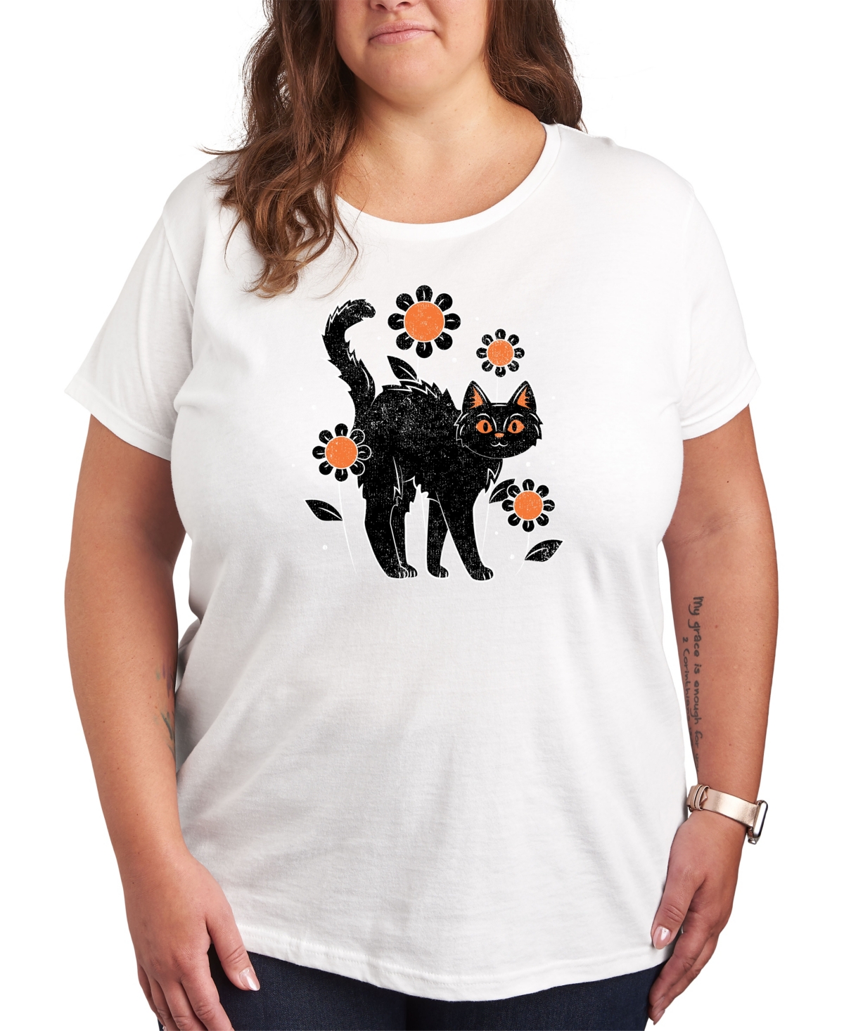 Hybrid Apparel Black Cat Halloween Plus Size Graphic Tee In White