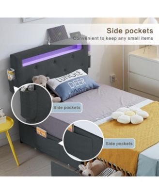 Twin Bed Frame with USB Charging, LED Lights, Headboard, Storage Drawers