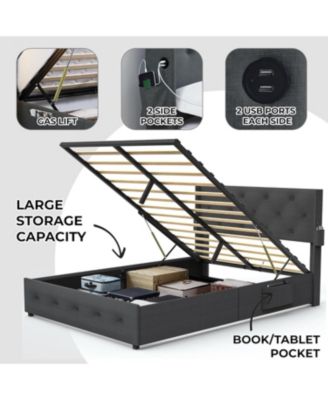 Streamdale Queen Bed Frame with Storage, Lift Up, Wingback Headboard, USB Ports