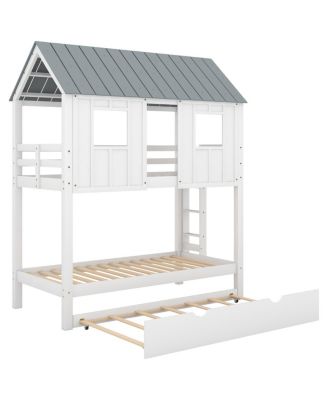 House Bunk Bed With Trundle, Roof And Windows Twin