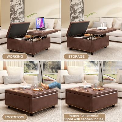 PU Leather Oversized Storage Ottoman with Nailhead Trim