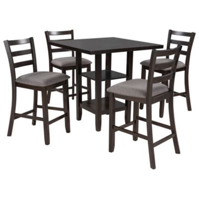 5-Piece Wooden Counter Height Dining Set With Padded Chairs And Storage Shelving