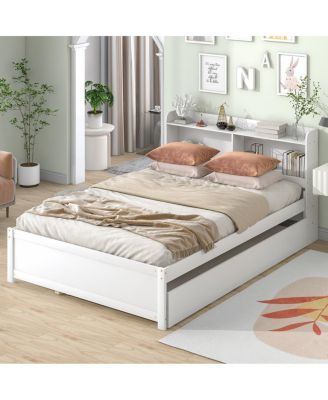 Full Size Pine Wood Bed With Trundle,Bookcase