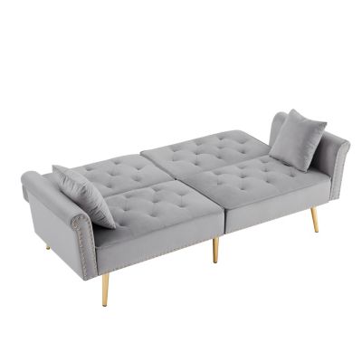   Velvet Tufted Sofa Couch with 2 Pillows and Nailhead Trim