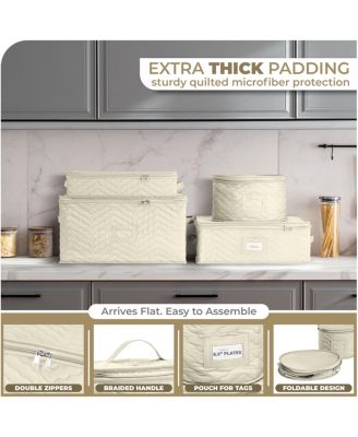 4 Piece Quilted China Dinnerware Storage Cases - for Dinnerware, Plate Organizer (Beige)