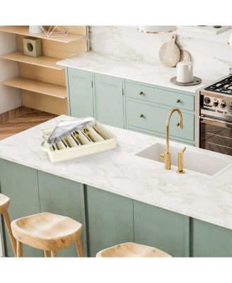 Fabric Chest Flatware & Silverware Organizer Box with Zipper Clear Lid & Adjustable Divider (Beige)