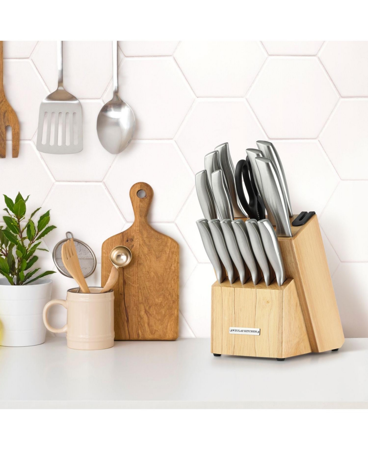 Zulay Kitchen 15 Piece Stainless Steel Knife Set with Block and Sharpener