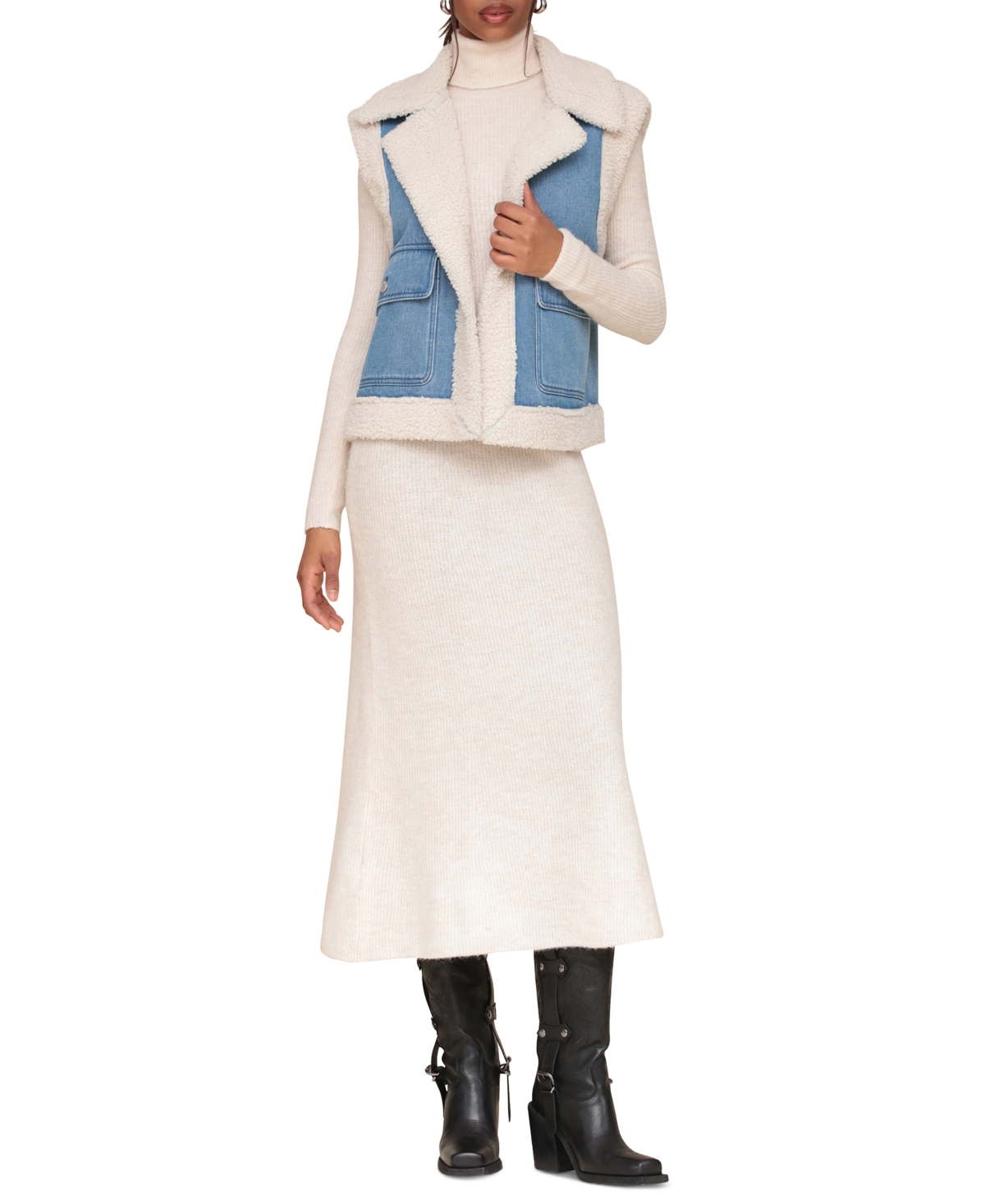 Avec Les Filles Women's Faux-Shearling-Trim Denim Vest - Light Blue-Cream