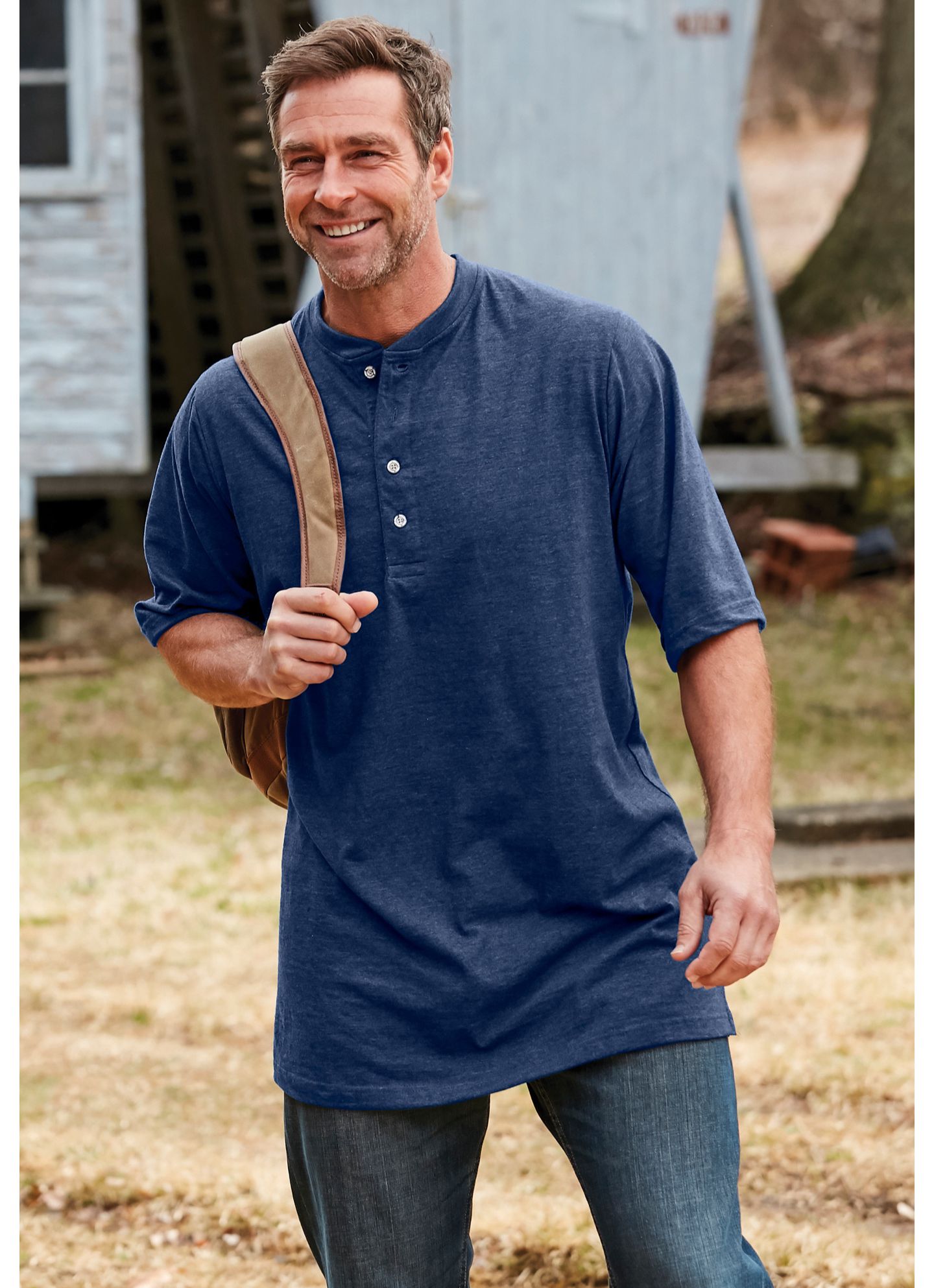 Мужская рубашка Boulder Creek by KingSize Heavyweight Longer-Length Short-Sleeve Henley, цвет: Чёрный — фото 2