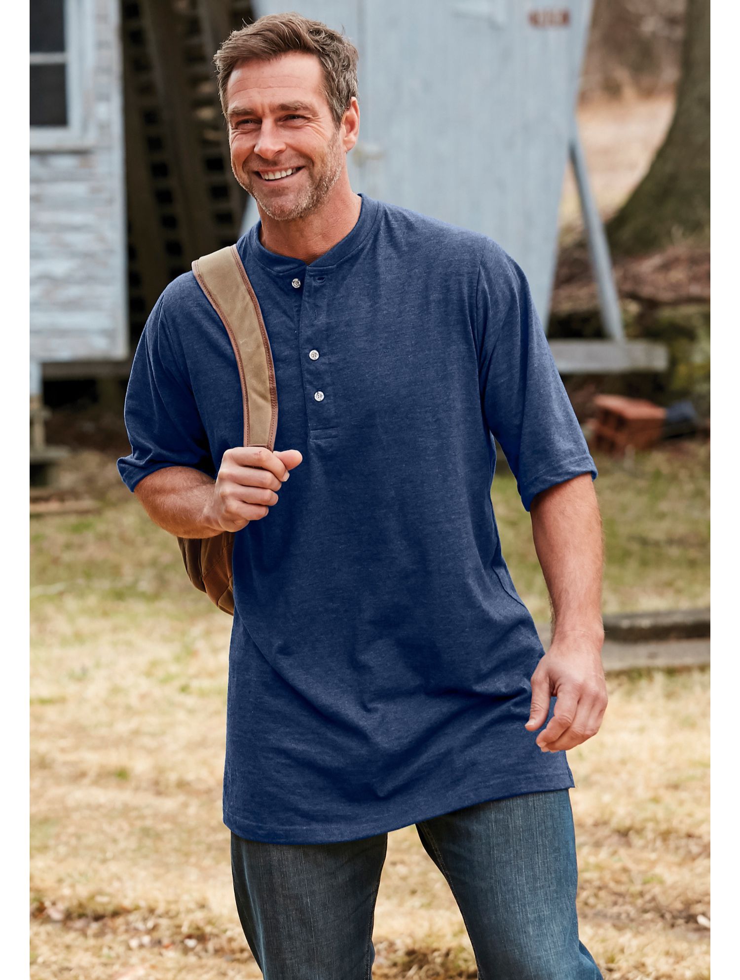 Men's by KingSize Heavyweight Longer-Length Short-Sleeve Henley Shirt