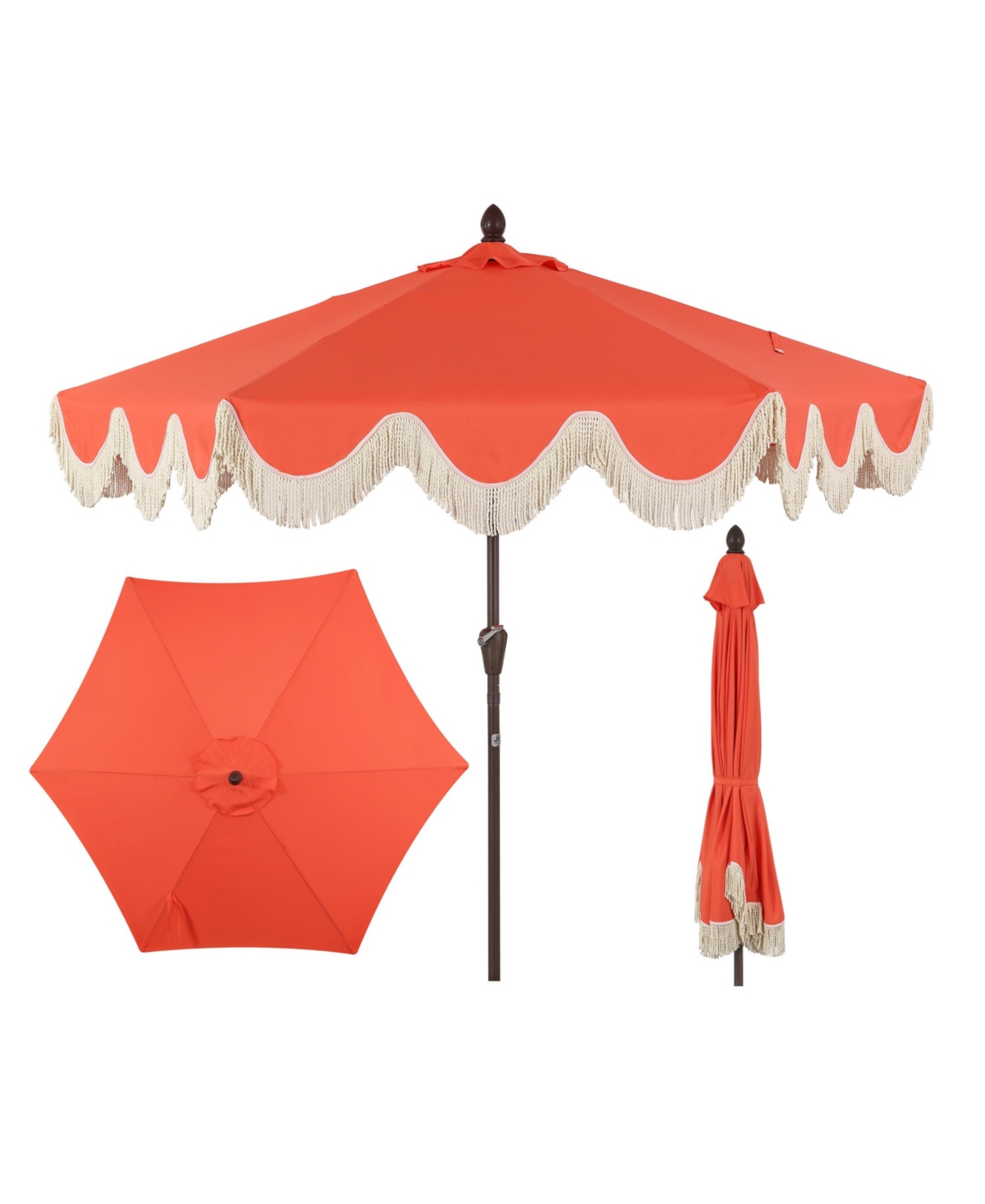 Jonathan Y 9ft Tassel Market Patio Umbrella Auto-Tilt, Crank, Wind Vent Uv Protection