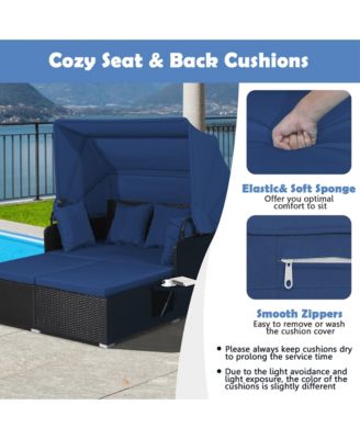 Patio Rattan Daybed Lounge Retractable Top Canopy Side Tables Cushions