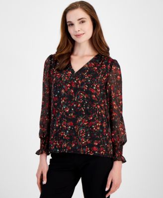 Anne Klein - Petite Floral-Print Crinkled Long-Sleeve V-Neck Blouse