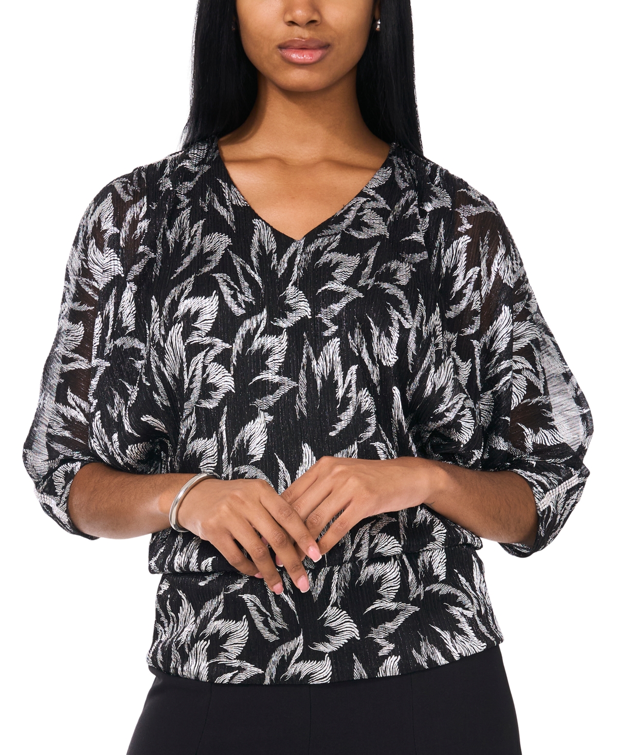 Petite Printed Metallic V-Neck Blouson Top - Black/Silver