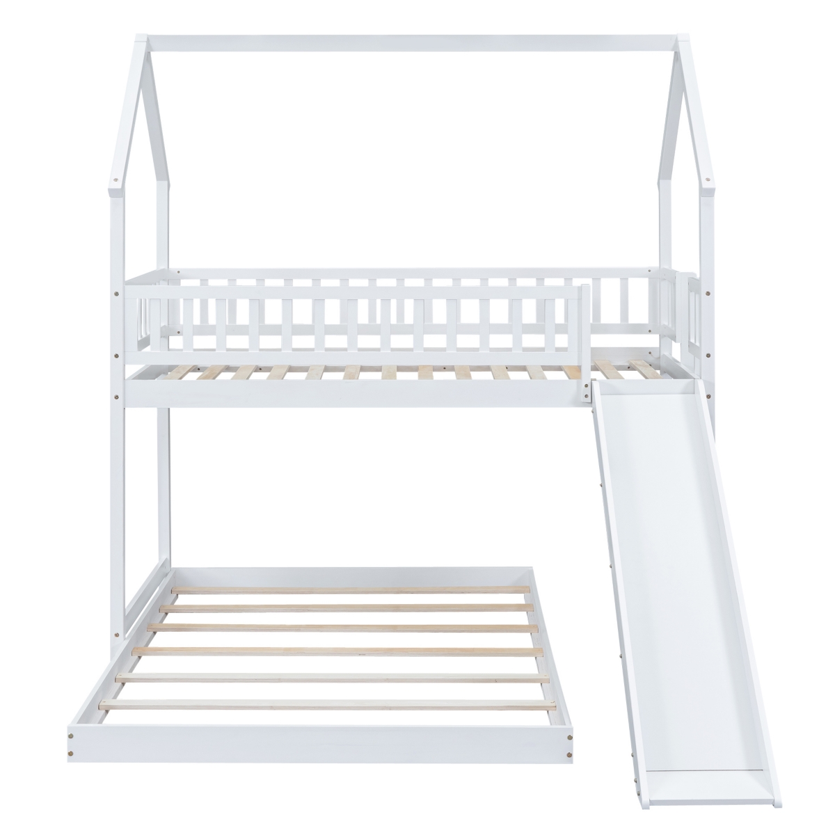 Twin Over Full House Bunk Bed With Slide And Built-In Ladder, Full-Length Guardrail
