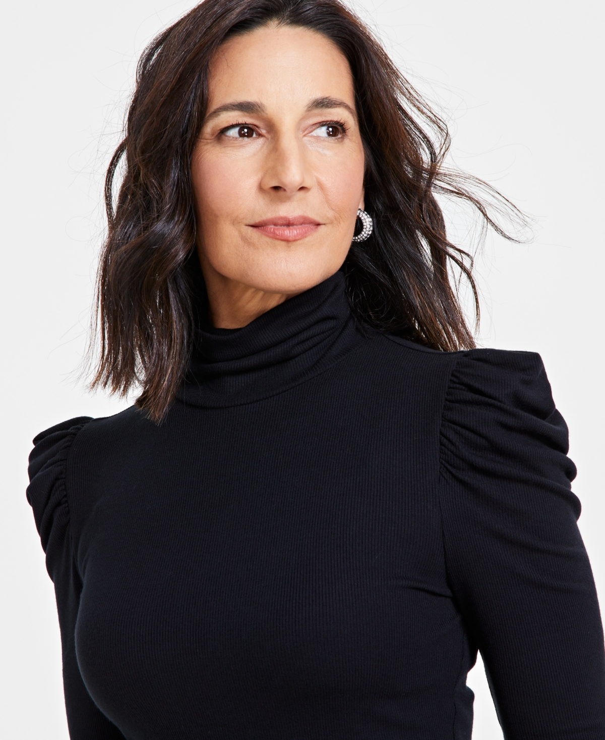 Inc International Concepts Women's Mock-neck Puff-sleeve Top, Created For Macy's In Deep Black