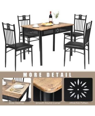 5 Pieces Dining Set Wood Metal Table and 4 Chairs with Cushions