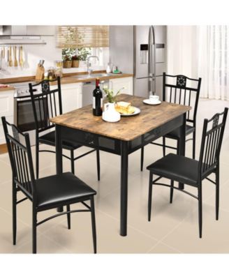 5 Pieces Dining Set Wood Metal Table and 4 Chairs with Cushions