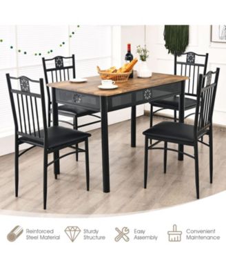 5 Pieces Dining Set Wood Metal Table and 4 Chairs with Cushions
