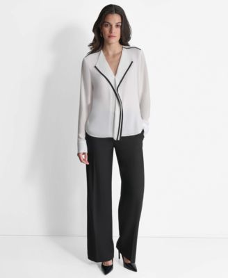 Women's Long Sleeve Trimmed Lapel Blouse, Regular & Petite