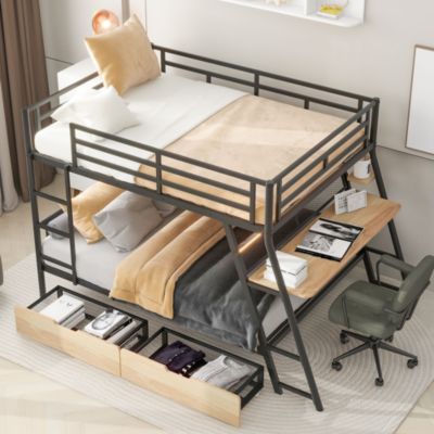 Full Size Metal Bunk Bed With Built-In Desk, Light And 2 Drawers