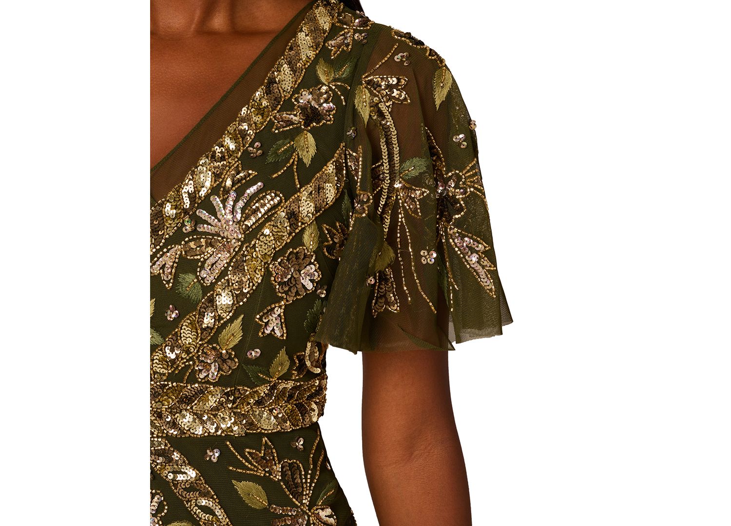 Women's V-Neck Embellished Flutter-Sleeve Dress