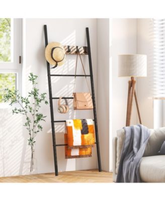 Wall-Leaning Decorative Blanket Holder with 5 Removable Hooks