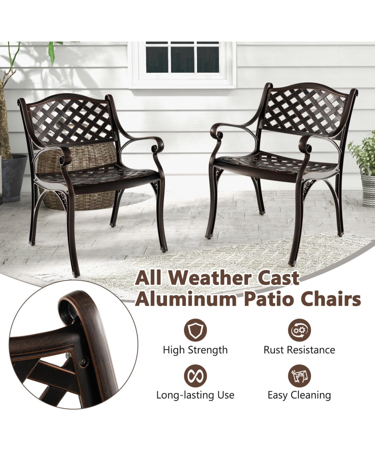 Skonyon Cast Aluminum Patio Chairs Set of 2 Dining Chairs with Armrests Diamond Pattern