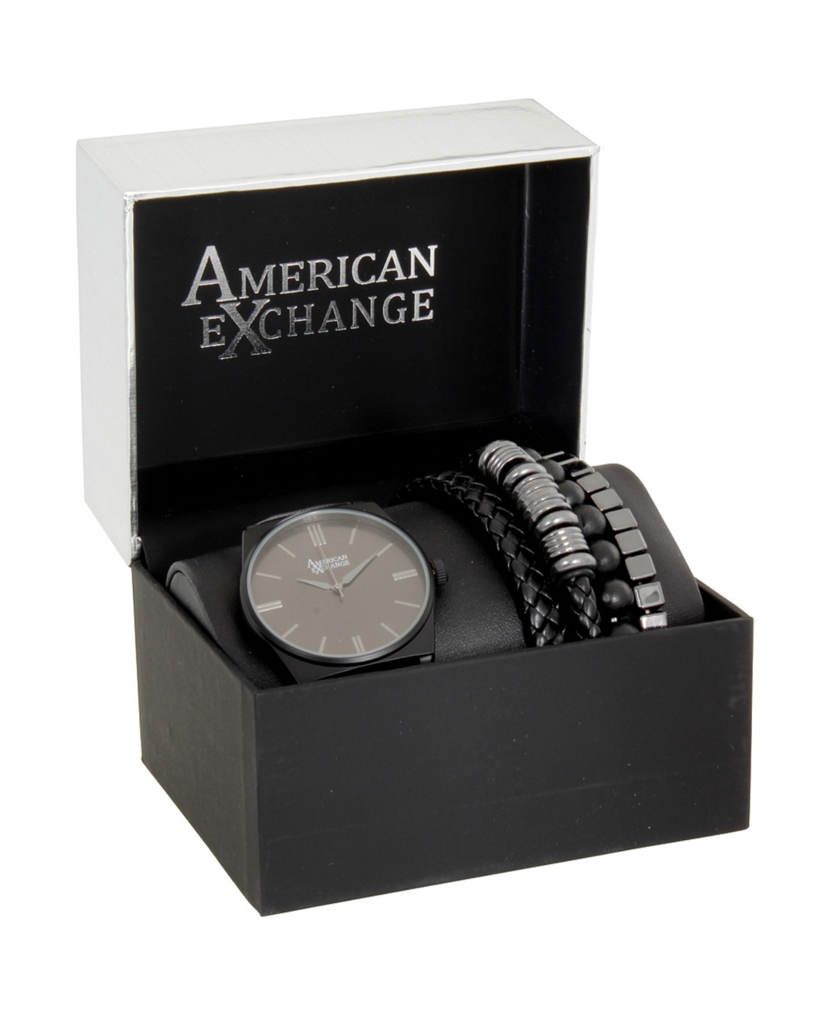 American Exchange Men's Black Leather Strap Analog Watch 42mm With Stackable Bracelets Gift Set In Black