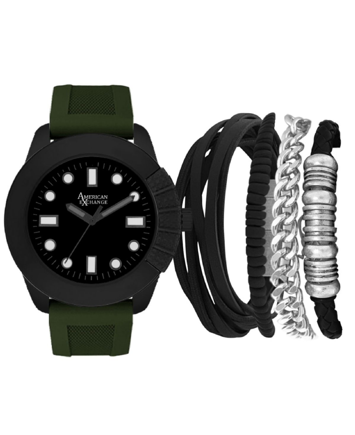 Men's Olive Silicone Strap Analog Watch 48mm with Stackable Bracelets Gift Set - Olive