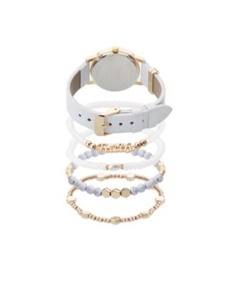 Women's White Patent Polyurethane Leather Strap Analog Watch 32mm with Stackable Bracelets Gift Set