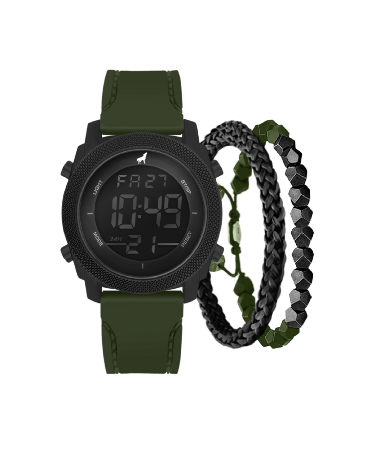 Men's Dark Olive Silicone Strap Analog Watch 46mm with 2 Piece Stackable Bracelets Gift Set - Dark Olive