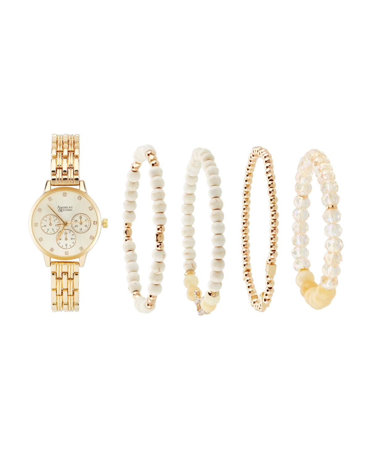 Women's Shiny Gold Metal Alloy Band Analog Watch 31mm with Stackable Bracelets Gift Set - Gold