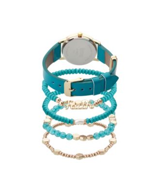 Women's Turquoise Polyurethane Leather Strap Analog Watch 32mm with Stackable Bracelets Gift Set